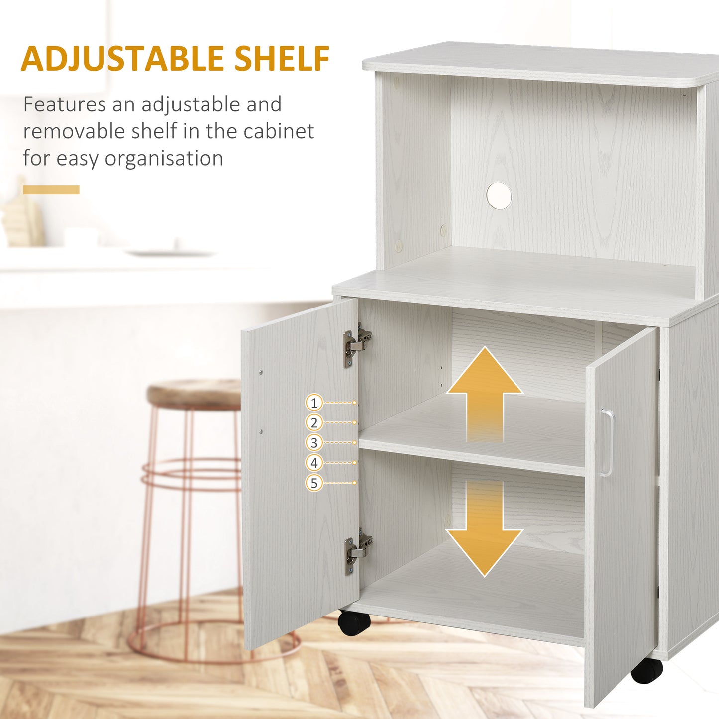 Kitchen Storage Unit, Modern Microwave Stand Trolley Cart, Sideboard with Cabinet, Locking Wheels, Shelf for Living Room