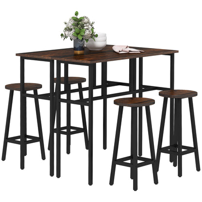 6-Piece Industrial Bar Table Set, 2 Breakfast Tables with 4 Stools Brown