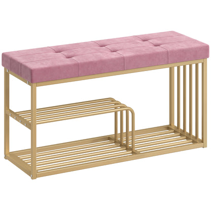 Bench and Shoe Storage, Tufted Shoe Storage Bench with Velvet Seat Cushion Gold Steel Frame for Entryway, Pink