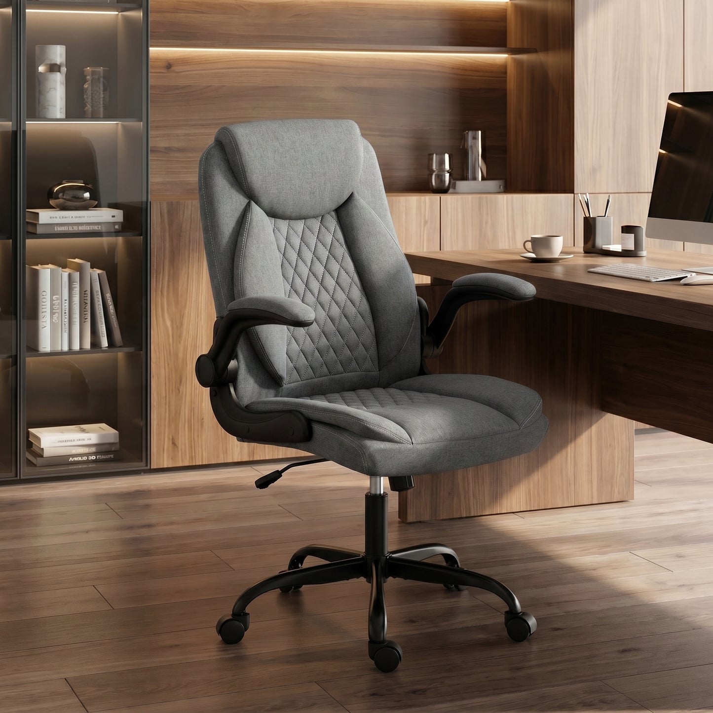 Linen-Look Computer Desk Chair, Executive Office Chair with Flip-Up Armrests and Thick Cushion, Grey