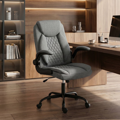 Linen-Look Computer Desk Chair, Executive Office Chair with Flip-Up Armrests and Thick Cushion, Grey