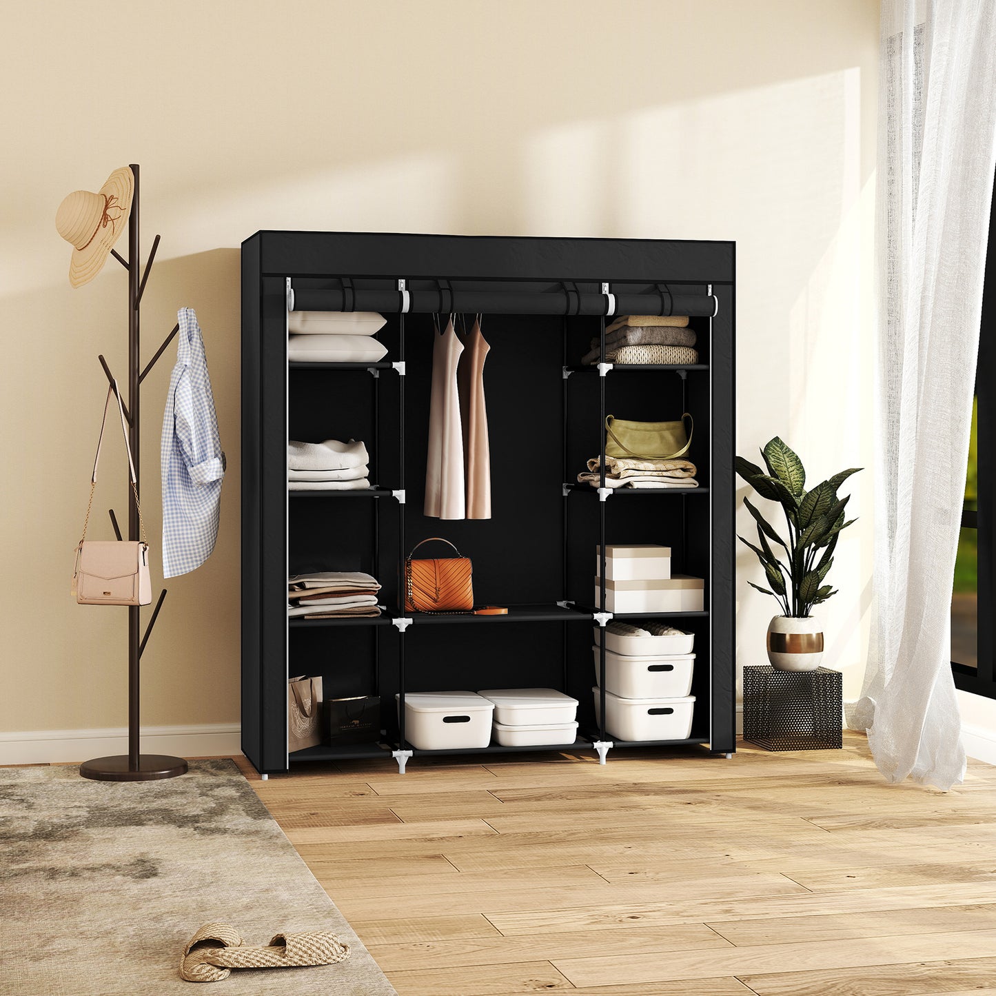 Portable Wardrobe, Foldable Fabric Wardrobe, 150 x 43 x 162.5cm, Clothes Storage Organiser with Hanging Rail, Shelves