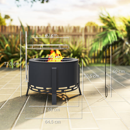 Portable Fire Pit, 58 cm Round Firepit with Grill Grate, Fire Bowl with Ash Catcher and Poker
