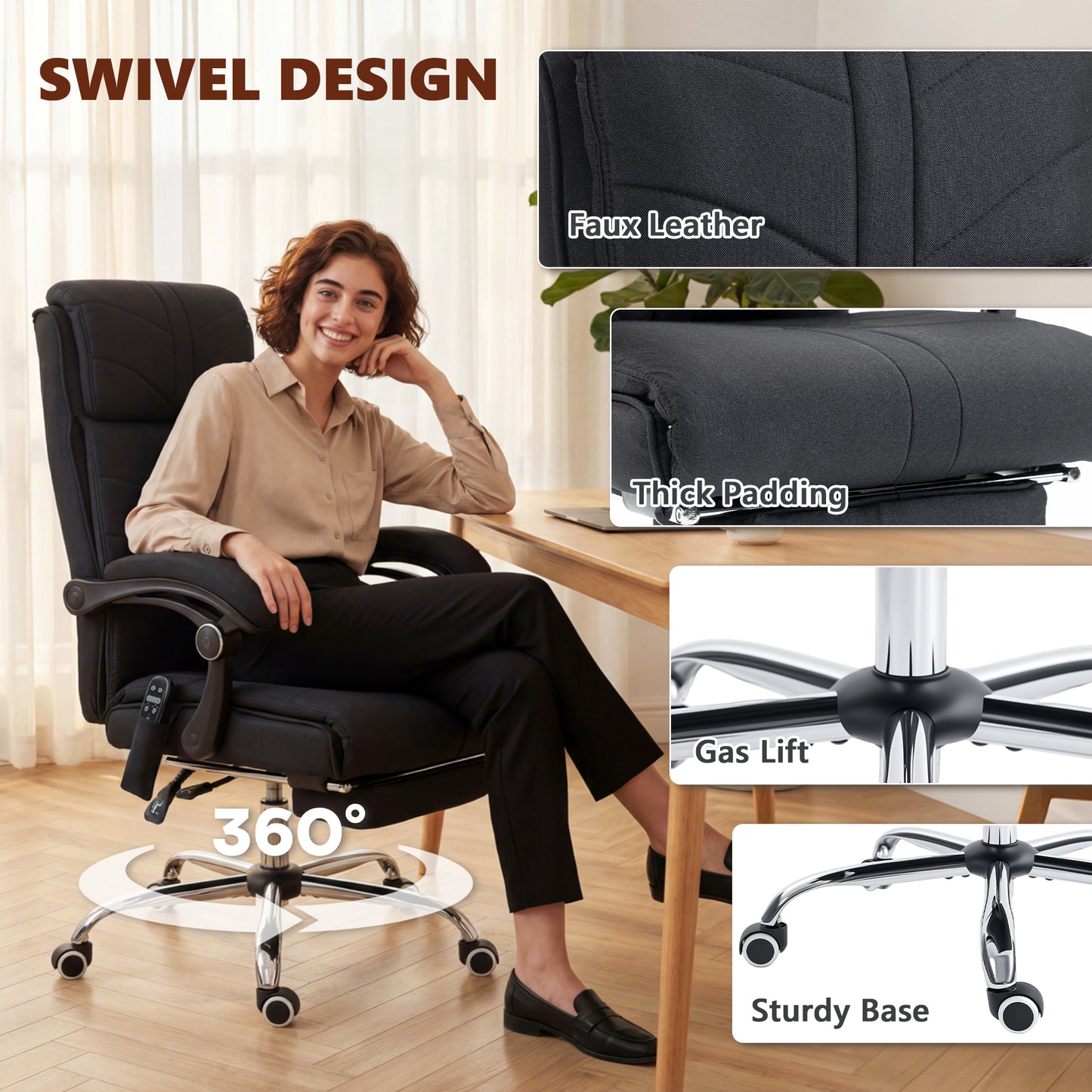 High Back Vibration Massage Office Chair with Footrest, Heated, Black