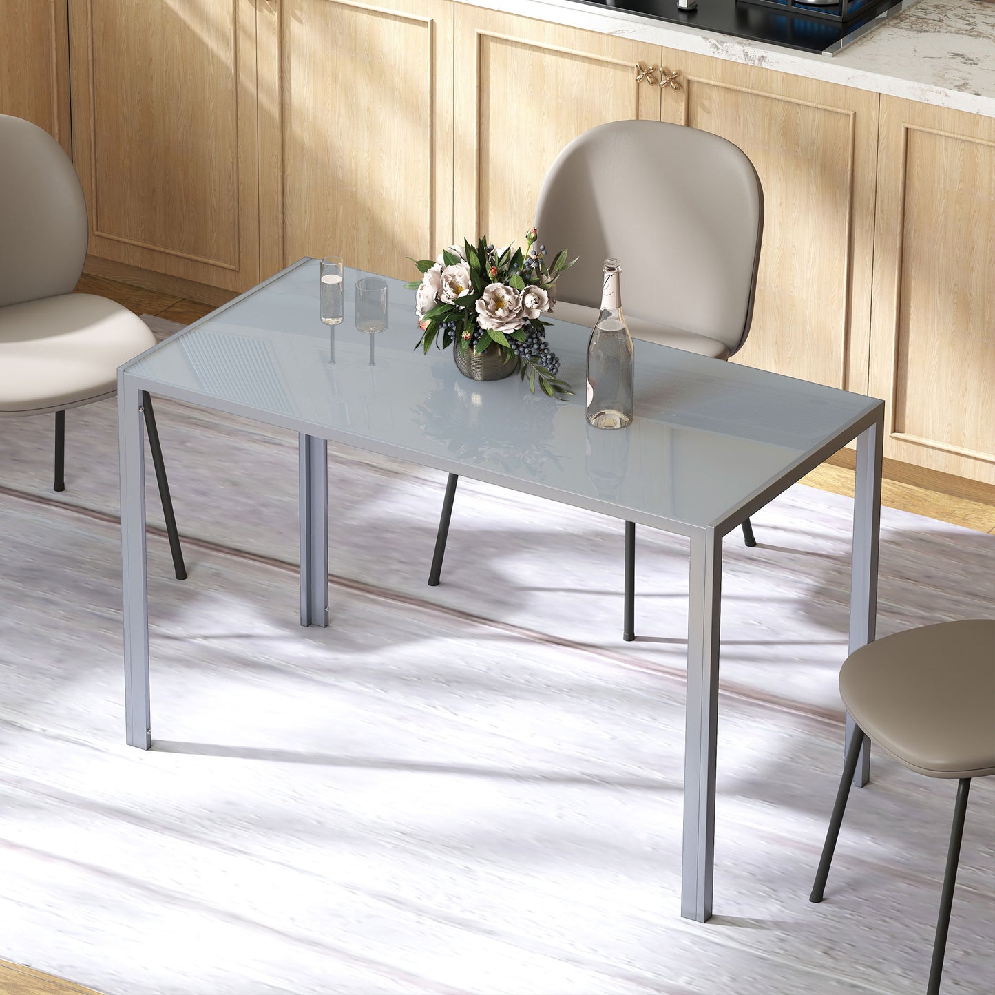 120cm Dining Table, Rectangle 4 Seater Kitchen Table with Tempered Glass Top and Metal Legs, Grey