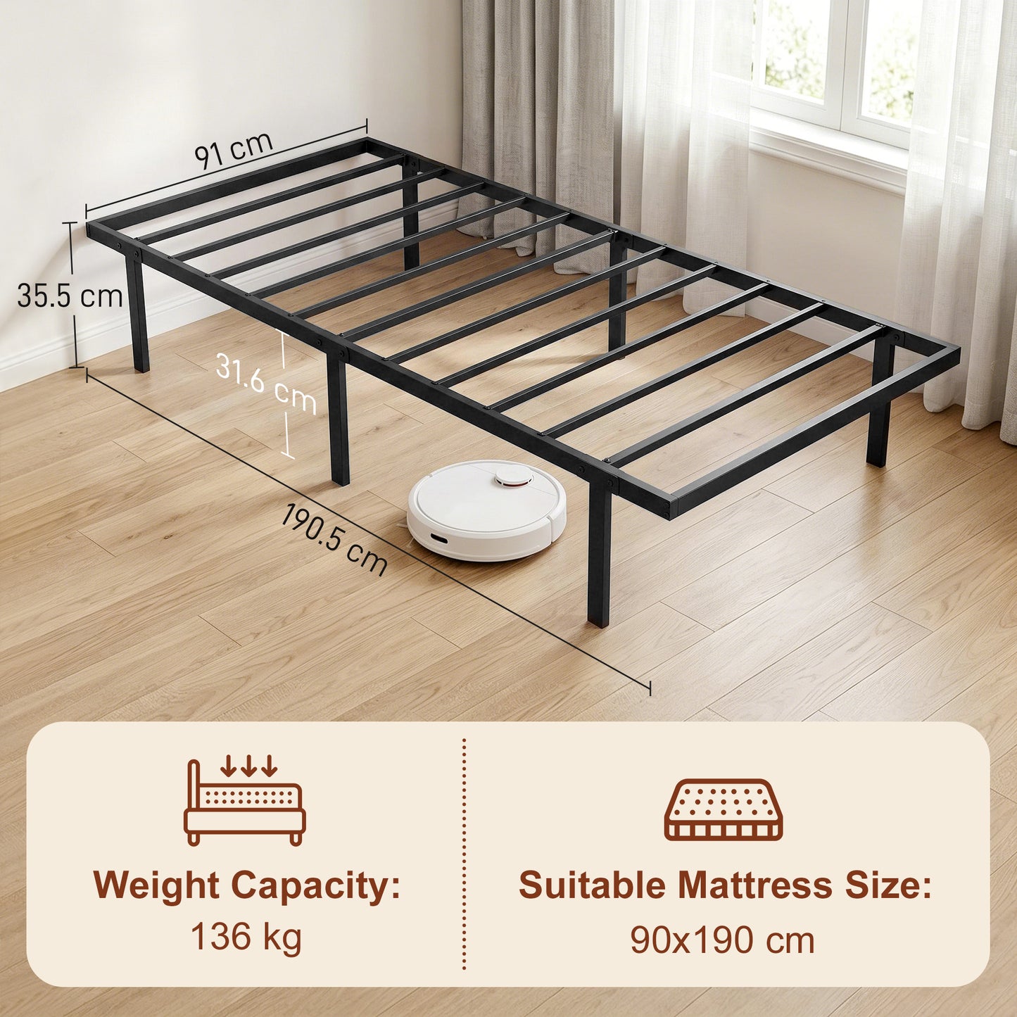 3ft Single Bed Frame with Underbed Storage, Metal Platform Bed Frame with Steel Slat Support, No Box Spring Needed