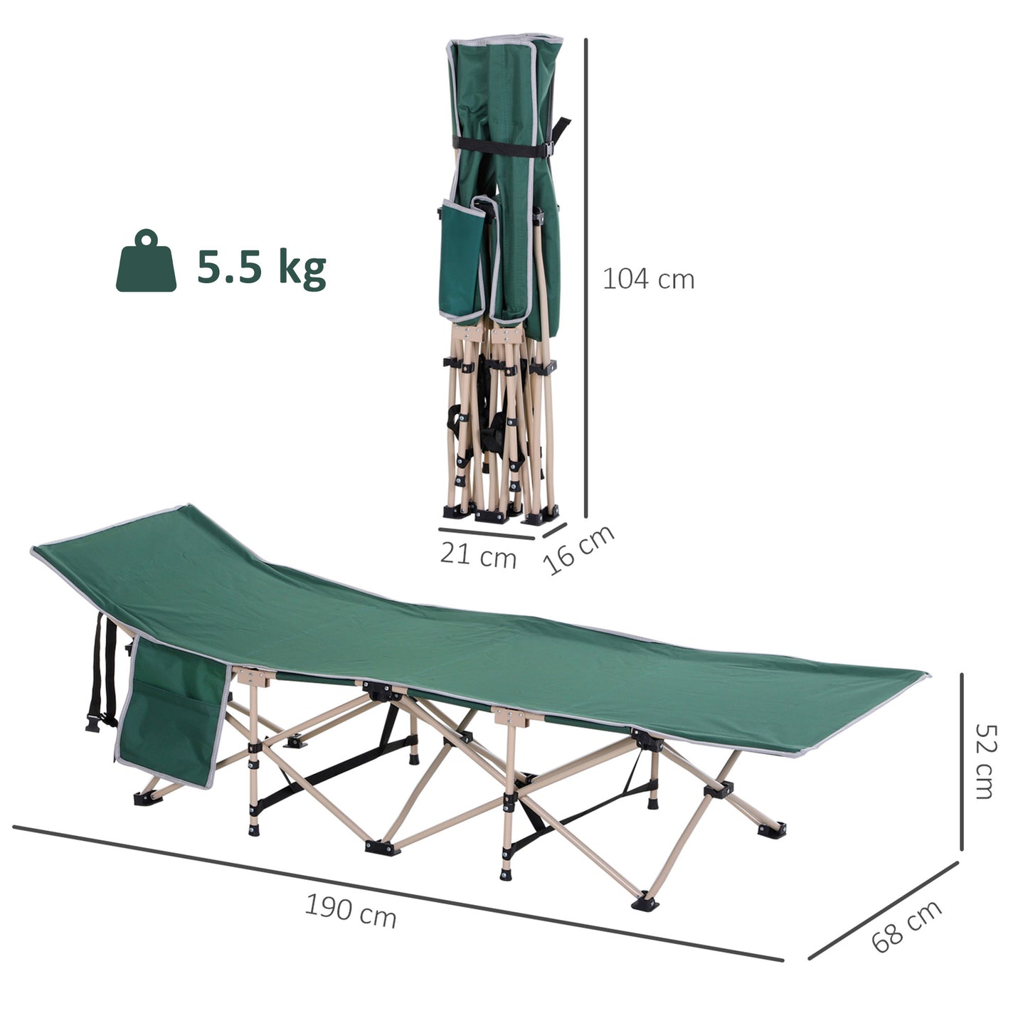 Single Person Camping Bed Folding Cot Outdoor Patio Portable Military Sleeping Bed Travel Guest Leisure Fishing with Side Poc
