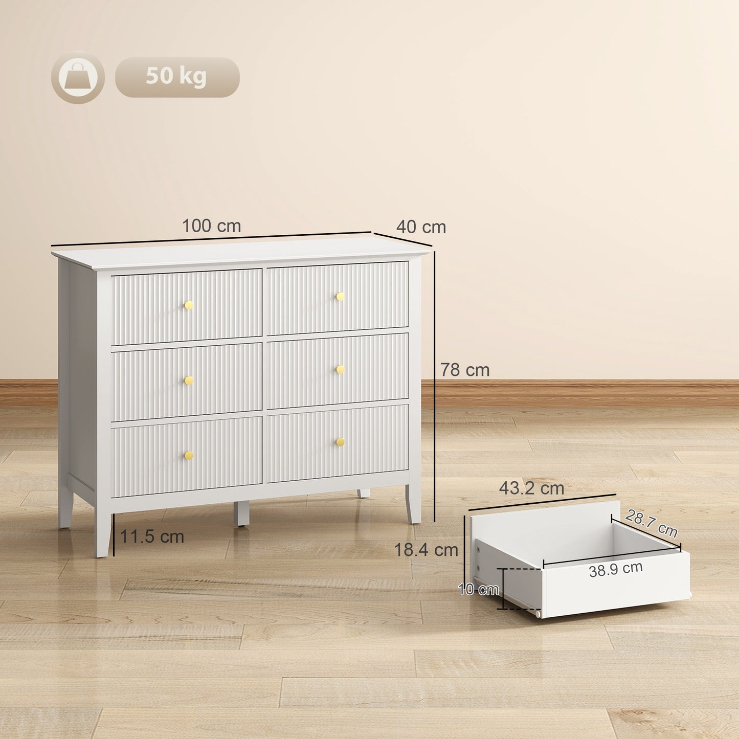 Fluted Dresser, 6 Drawer Chest of Drawers for Bedroom, Living Room, Hallway, Closet, White