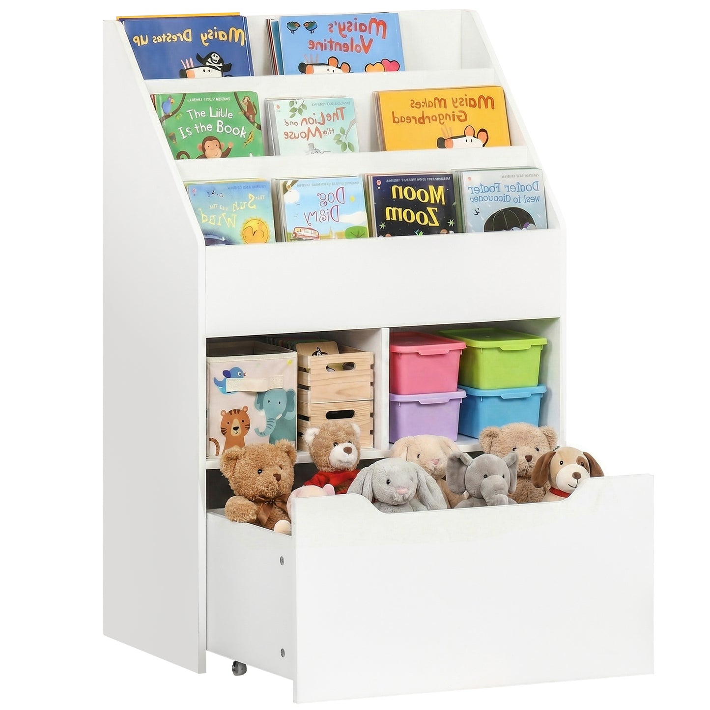Kids Bookshelf, Toy Organiser, with Storage Drawer, Wheels - White