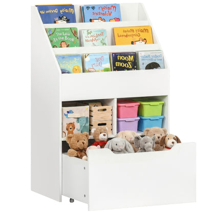 Kids Bookshelf, Toy Organiser, with Storage Drawer, Wheels - White