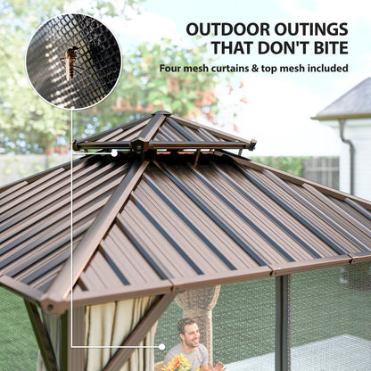 3x3 m Hardtop Gazebo Canopy with UPF50+ Double Galvanised Steel Roof, Aluminium Garden Gazebo Permanent Pavilion, Brown