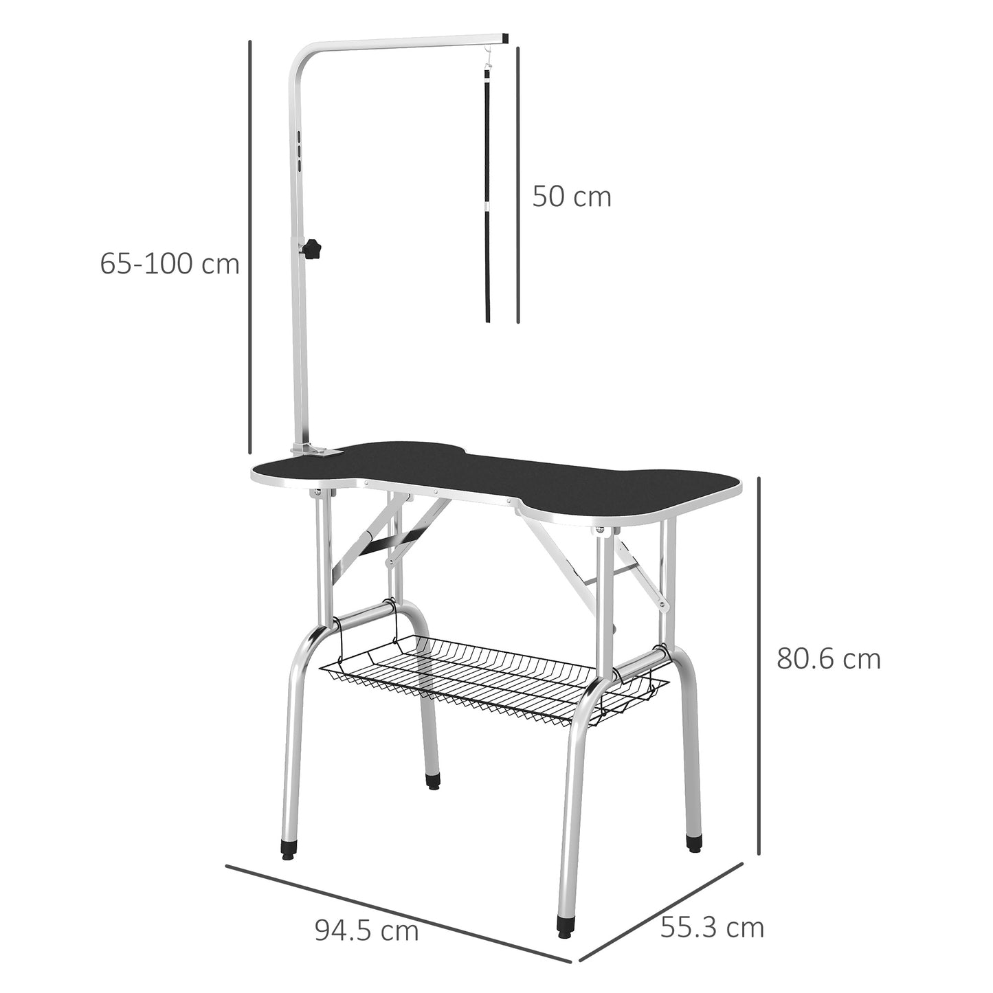 Foldable Dog Grooming Table Pet Drying Table with Adjustable Arm Non-Slip Rubber Tabletop Aluminium Alloy Edge Stainless Stee