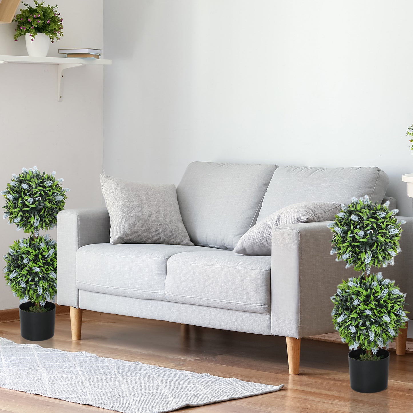 Set of 2 Artificial Plants, Lavender Flowers Ball Trees with Pot, for Home Indoor Outdoor Decor, 70cm
