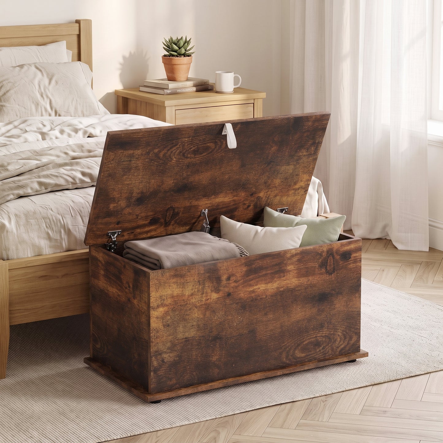 Storage Chest, 102L Blanket Box, Shoe Bench Safety Hinged Lid, Bed End Bench for Bedroom, 80 x 40 x 45cm, Rustic Brown
