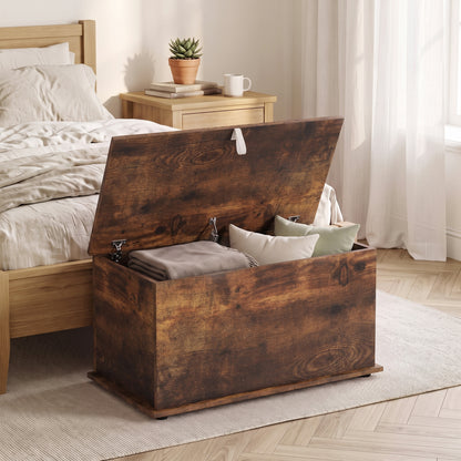 Storage Chest, 102L Blanket Box, Shoe Bench Safety Hinged Lid, Bed End Bench for Bedroom, 80 x 40 x 45cm, Rustic Brown