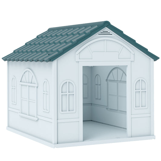 Plastic Weather-Resistant Dog House, for Indoors and Outdoors, Medium Dogs - White and Blue