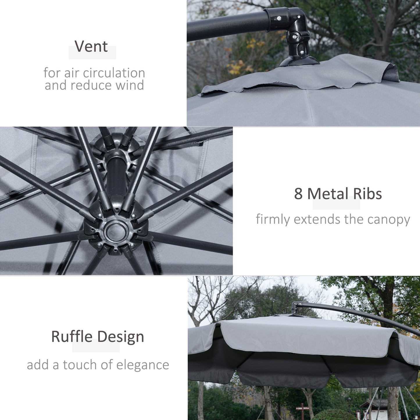 2.7m Garden Banana Parasol Cantilever Umbrella with Crank Handle and Cross Base for Outdoor, Hanging Sun Shade, Dark Grey