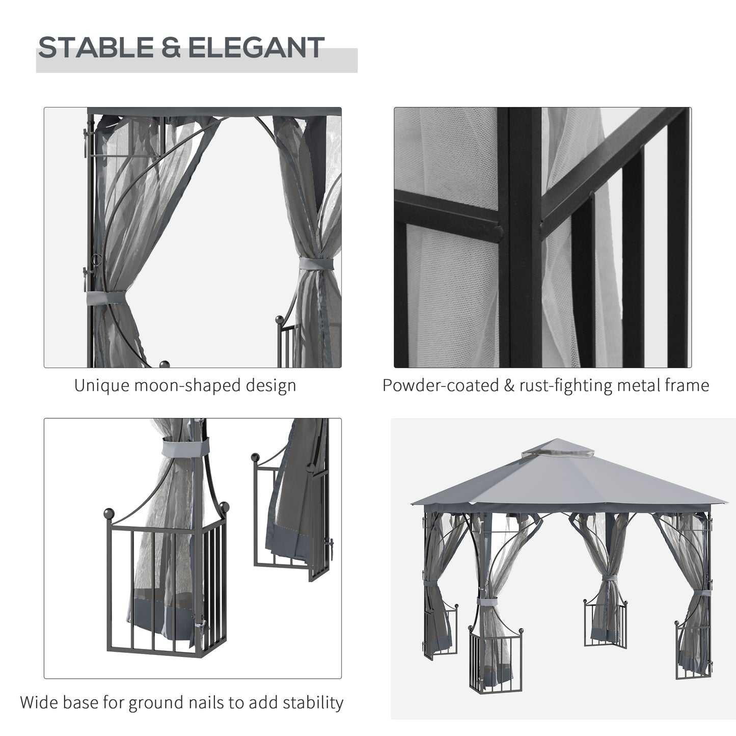 3 x 3(m) Garden Gazebo Patio Party Tent Shelter Outdoor Canopy Double Tier Sun Shade Metal Frame Netting, Light Grey
