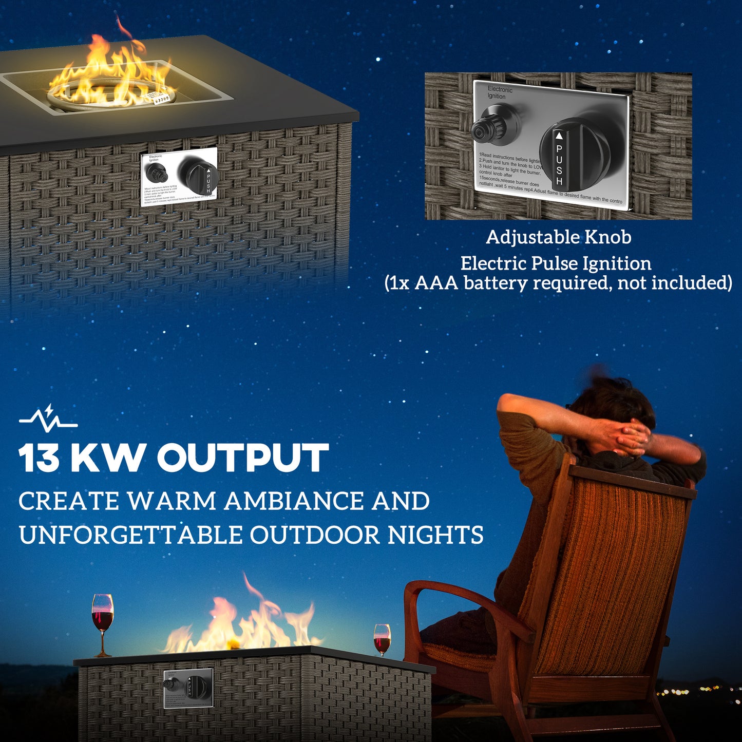 Rattan Gas Fire Pit Table for Garden, 13 KW Smokeless Propane Fire Pit with Lid