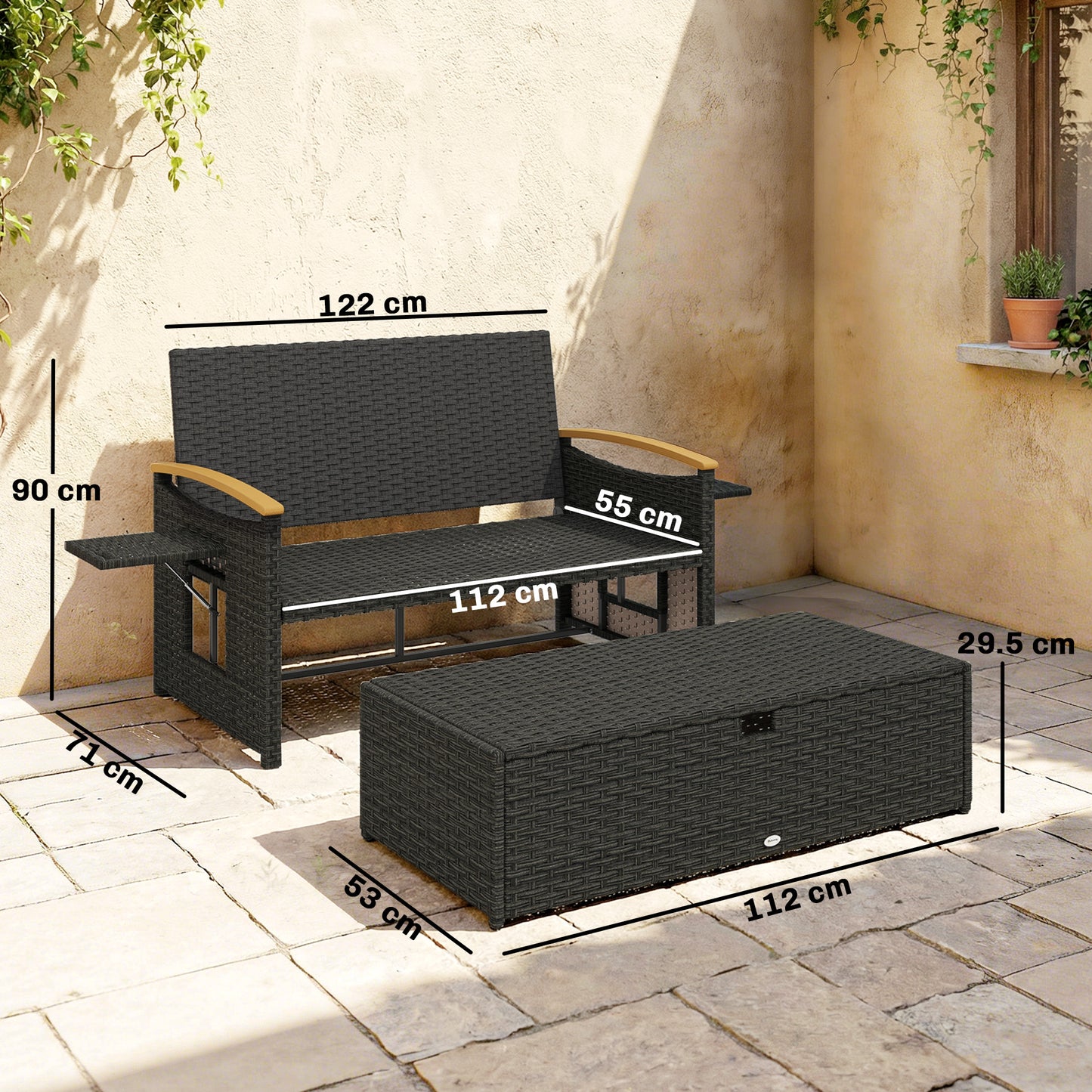Double Garden Rattan Daybed, Wicker Sun Bed Chaise Lounger with Storage Ottoman, 4-Level Adjustable Backrest, Dark Grey
