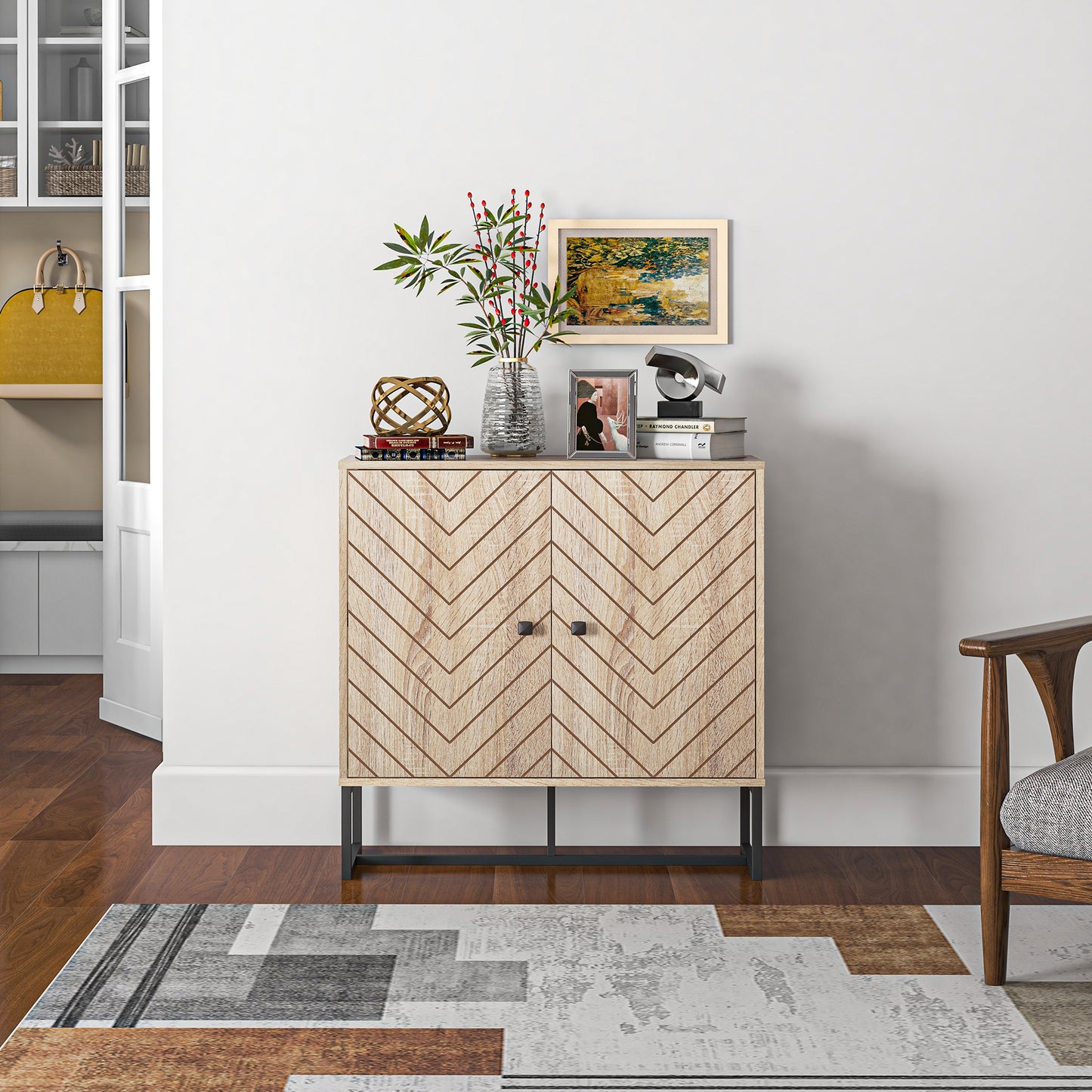 MDF 2-Tier Storage Cabinet Steel Frame Handles Tabletop Unique Home Style Organiser, 80H x 80L x 29.5Wcm-Oak