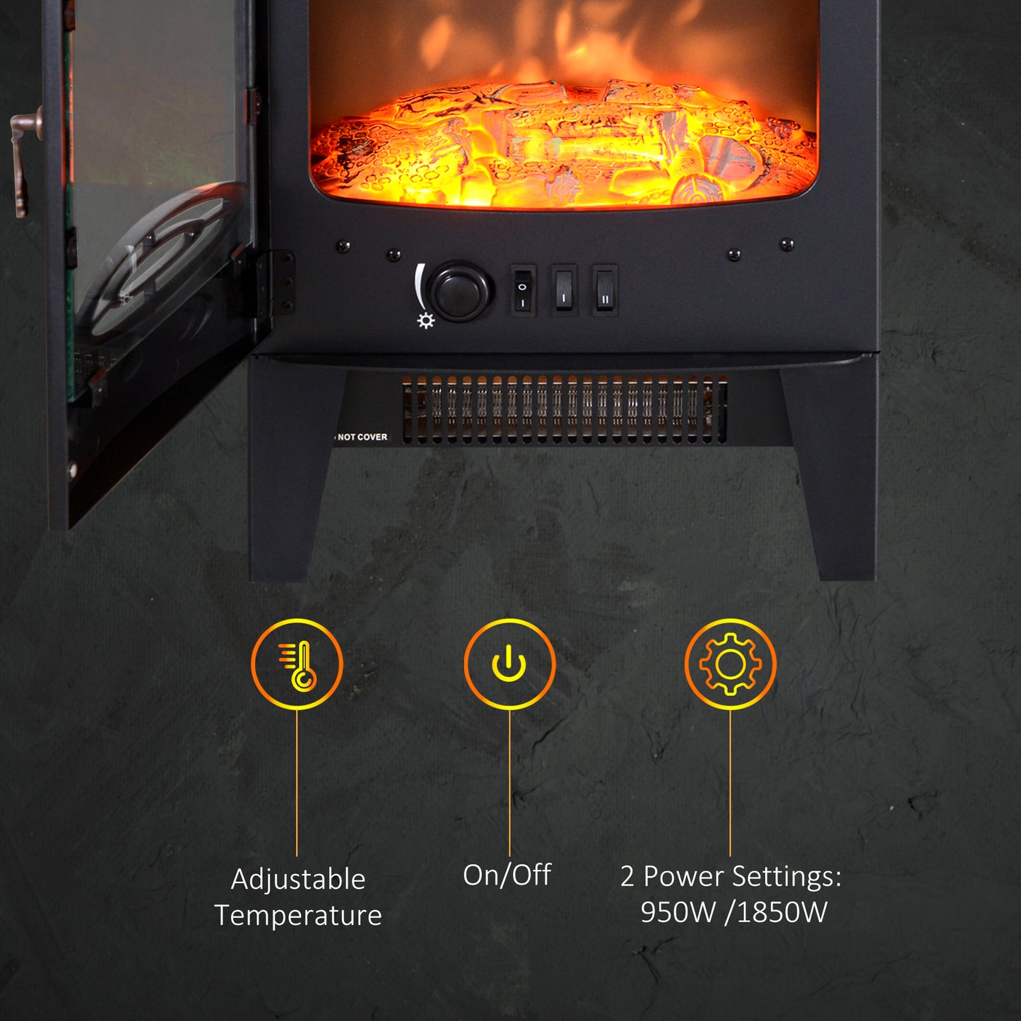 Tempered Glass Casing Electric Fireplace, Freestanding Electric Fire with Realistic Flame Effect, Log Burner