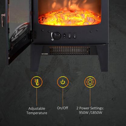 Tempered Glass Casing Electric Fireplace, Freestanding Electric Fire with Realistic Flame Effect, Log Burner
