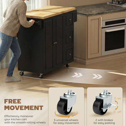Kitchen Island on Wheels, Rolling Kitchen Storage Trolley with Drop Leaf, Drawers, Towel and Spice Rack, Black
