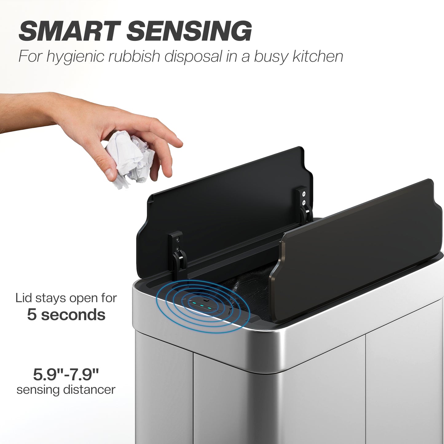 55L Sensor Bin, Large Automatic Touchless Rubbish Bin with Soft-Close Lid, Silver Tone