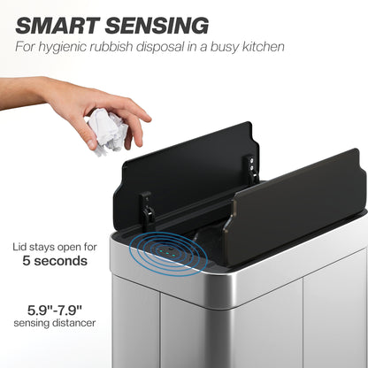 55L Sensor Bin, Large Automatic Touchless Rubbish Bin with Soft-Close Lid, Silver Tone