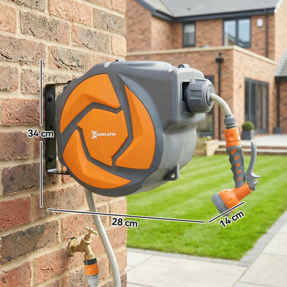 10m Garden Hose Reel Wall Mounted Auto Rewind with 7 Patterns Spray Nozzle, Includes Wall Fixings, Orange
