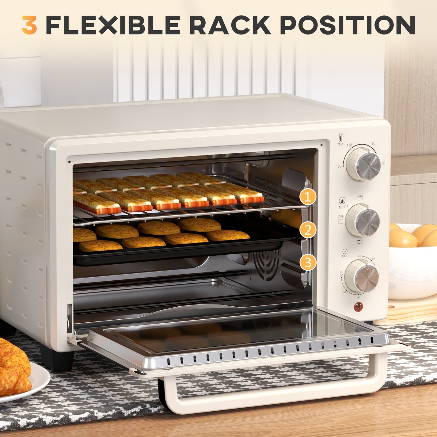 21L Mini Countertop Oven, 100°C-230°C Adjustable Temp - Cream White