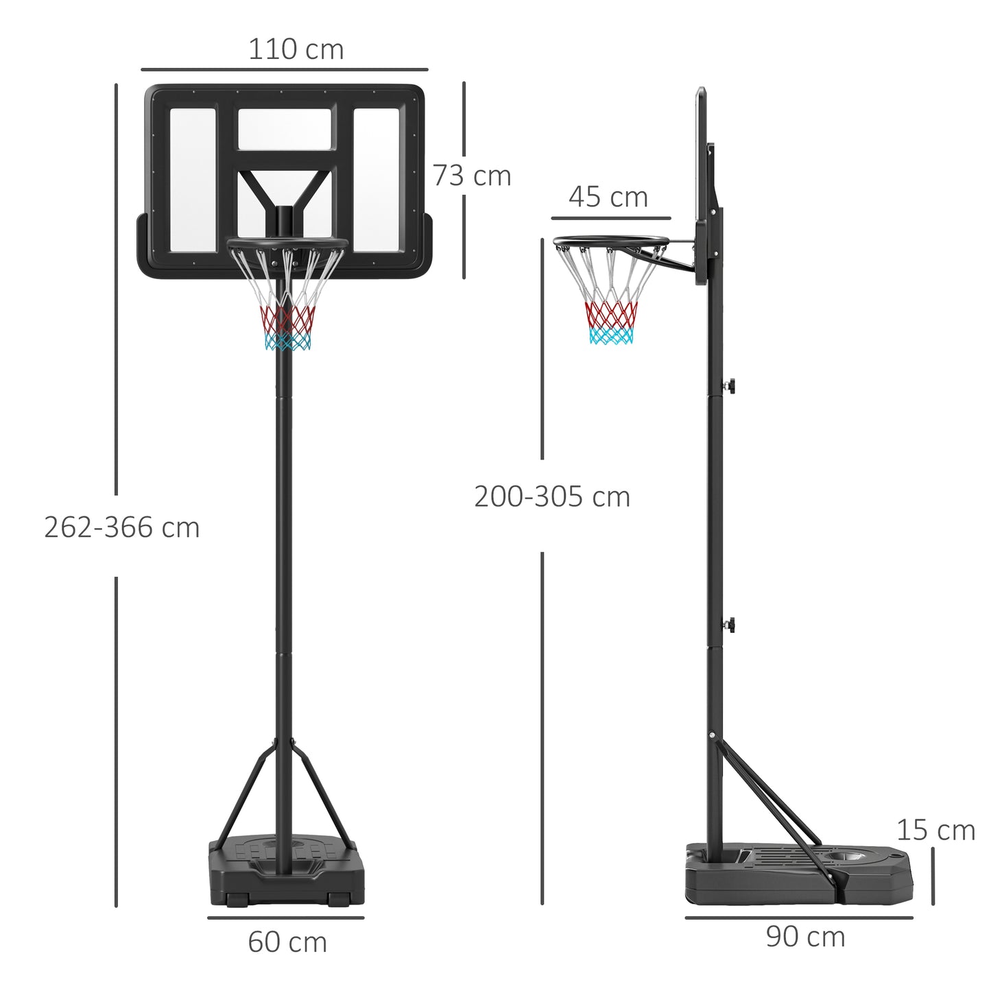 Height Adjustable Basketball Stand Net Set System, Freestanding Basketball Hoop and Stand w/ Wheels, 200-305cm - Black