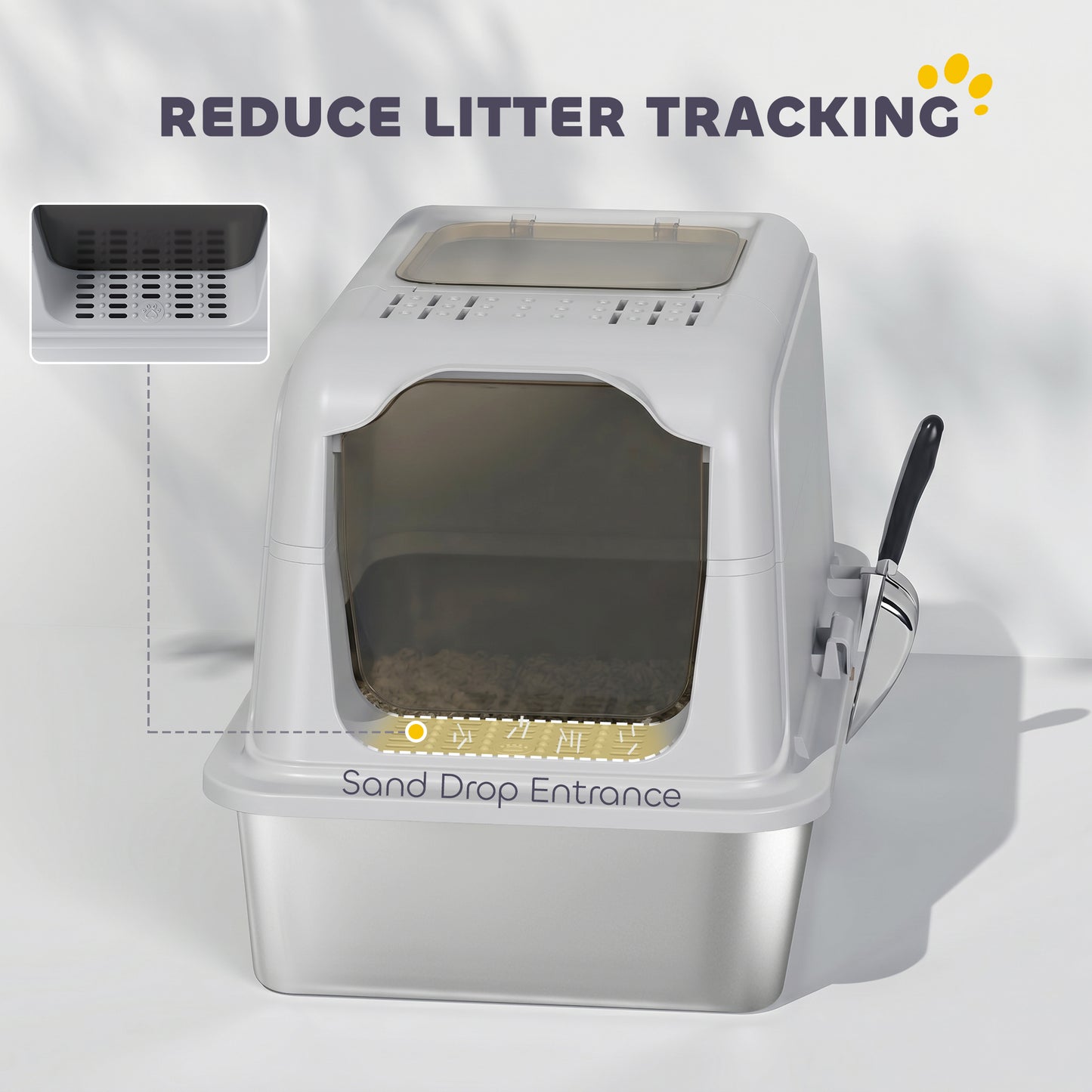 Extra Large Stainless Steel Litter Box, Enclosed Cat Litter Tray with Scoop, Deodorizer Bag, Front-Entry and Top-Exit