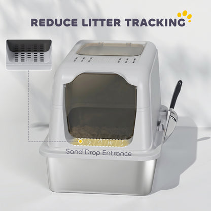 Extra Large Stainless Steel Litter Box, Enclosed Cat Litter Tray with Scoop, Deodorizer Bag, Front-Entry and Top-Exit