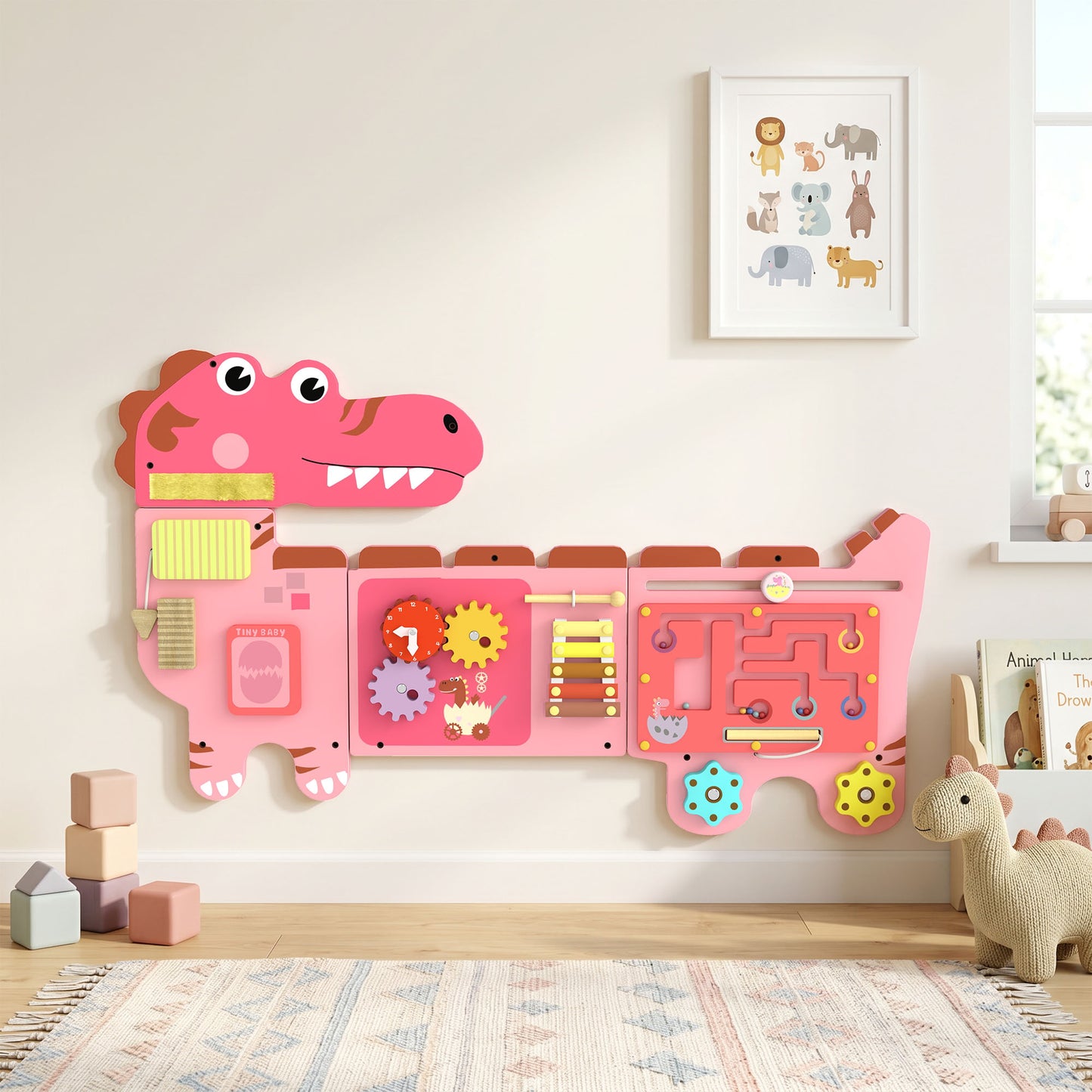 Busy Board Panels, Wall Mounted Montessori Inspired Busy Board, Toddler Learning Centre Dinosaur Theme, Pink
