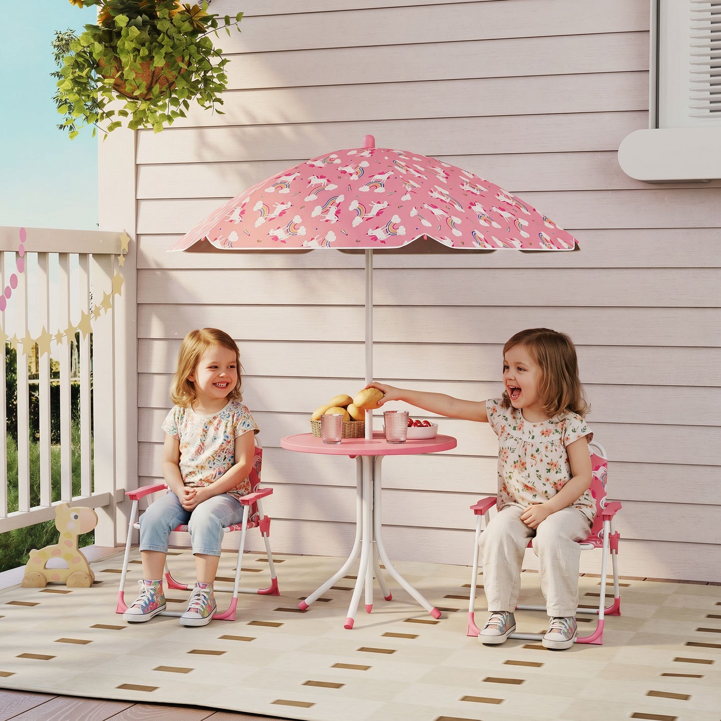 Kids Patio Table and Chair Set, Kids Garden Furniture with Umbrella, 4-Piece Bistro Set for Garden, Pink