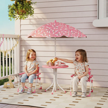 Kids Patio Table and Chair Set, Kids Garden Furniture with Umbrella, 4-Piece Bistro Set for Garden, Pink