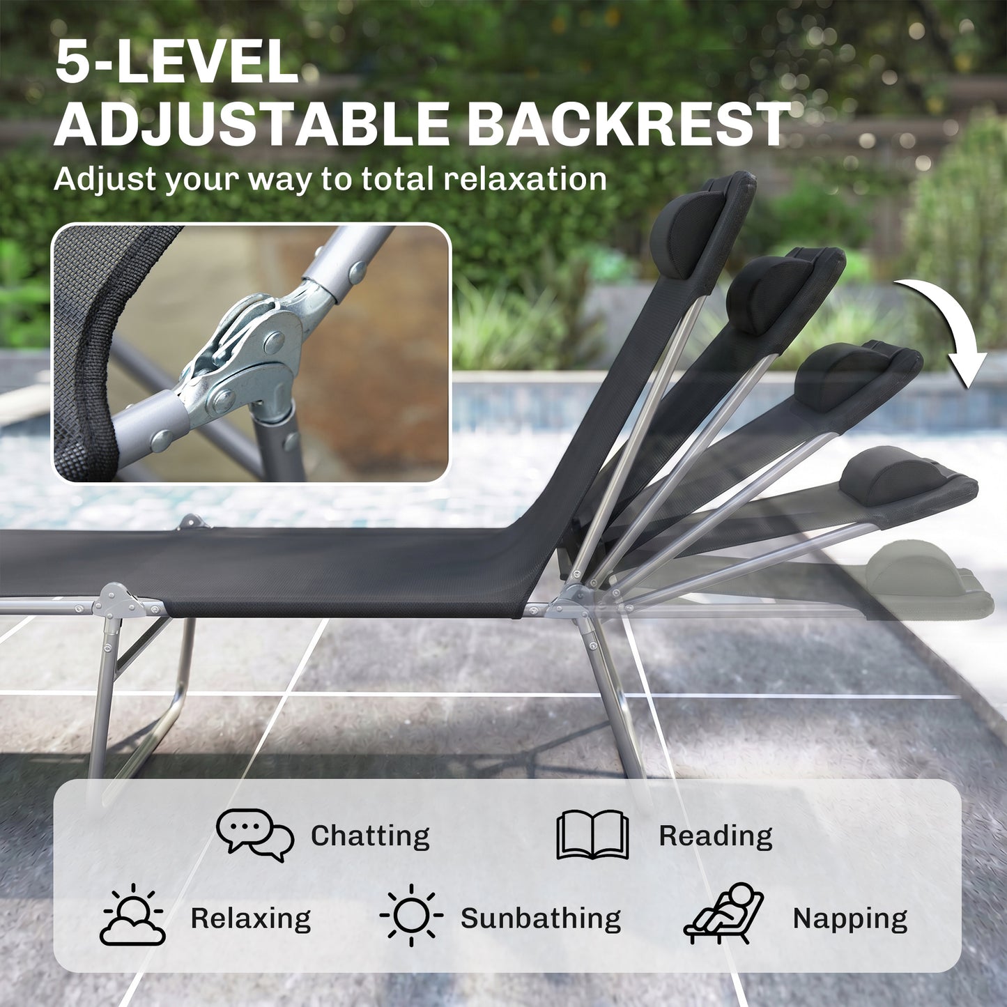 Folding Sun Lounger, Texteline Reclining Sun Bed with 5 Position Adjustable Backrest, Headrest, Black