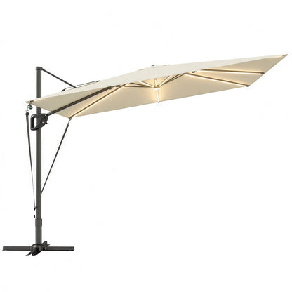 3 x 3 m Garden Cantilever Parasol w/ Light, Cover, UPF50+ Patio Umbrella w/ Wind Protection, 360° Rotation, Cream White