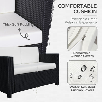 Rattan Sofa, 2 Seater Garden Furniture with Soft Padded Cushion and Armrests, Wicker Garden Loveseat for Patio, Black