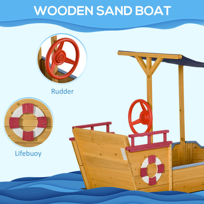 Sand Pit, Kids Wooden Sandbox Pirate Ship, Sandboat Play Station with Canopy Shade