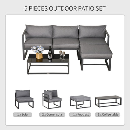 5 Pieces Outdoor Patio Furniture Set, Sofa Couch with Glass Coffee Table, Cushioned Chairs and Aluminum Tube