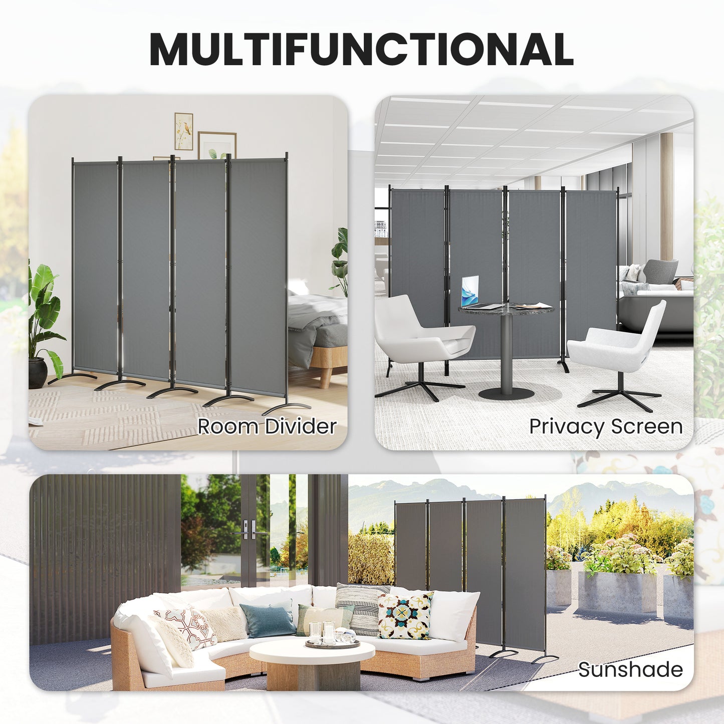 4 Panel Folding Room Divider, 1.7m Privacy Screen with Wide Feet, Portable Freestanding Metal Partition Separator for Office