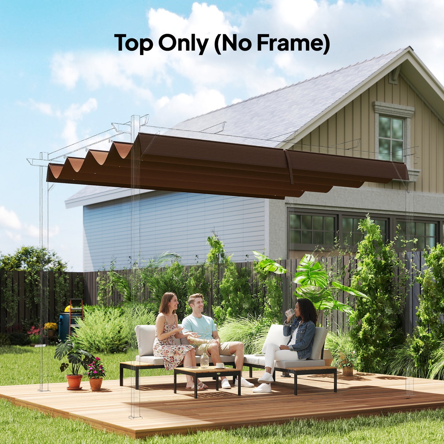 Pergola Cover Roof, 2.86 x 2.45 m Retractable Sun Shade Top for 3 x 2m Pergola Frame, UV30+ Protected, Coffee