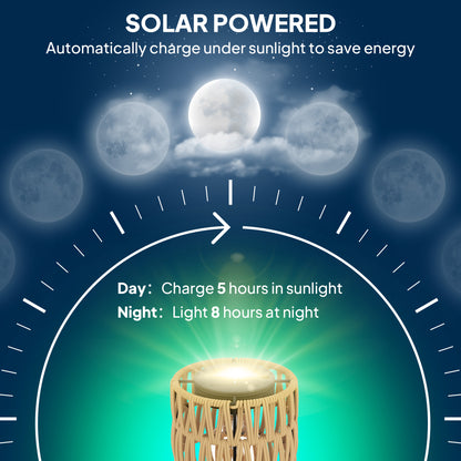 Boho Rattan Floor Lamp, 3-Lights Rattan Lamp with Shelf, Freestanding Solar Garden Light with Auto On/Off Lights
