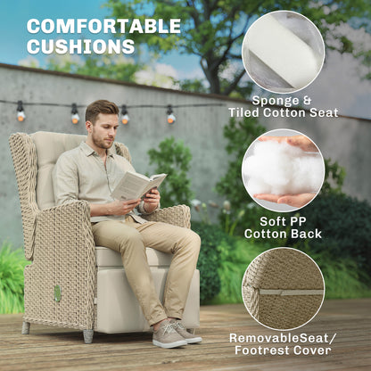 Rattan Garden Recliner Chair, Reclining Garden Chair with Adjustable Back and Footrest, Flip Table, Cushion, Brown
