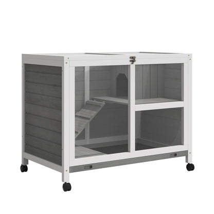 Wooden Rabbit Hutch Indoor with Wheels, Openable Roof, 91.5 x 53.3 x 73 cm, Grey