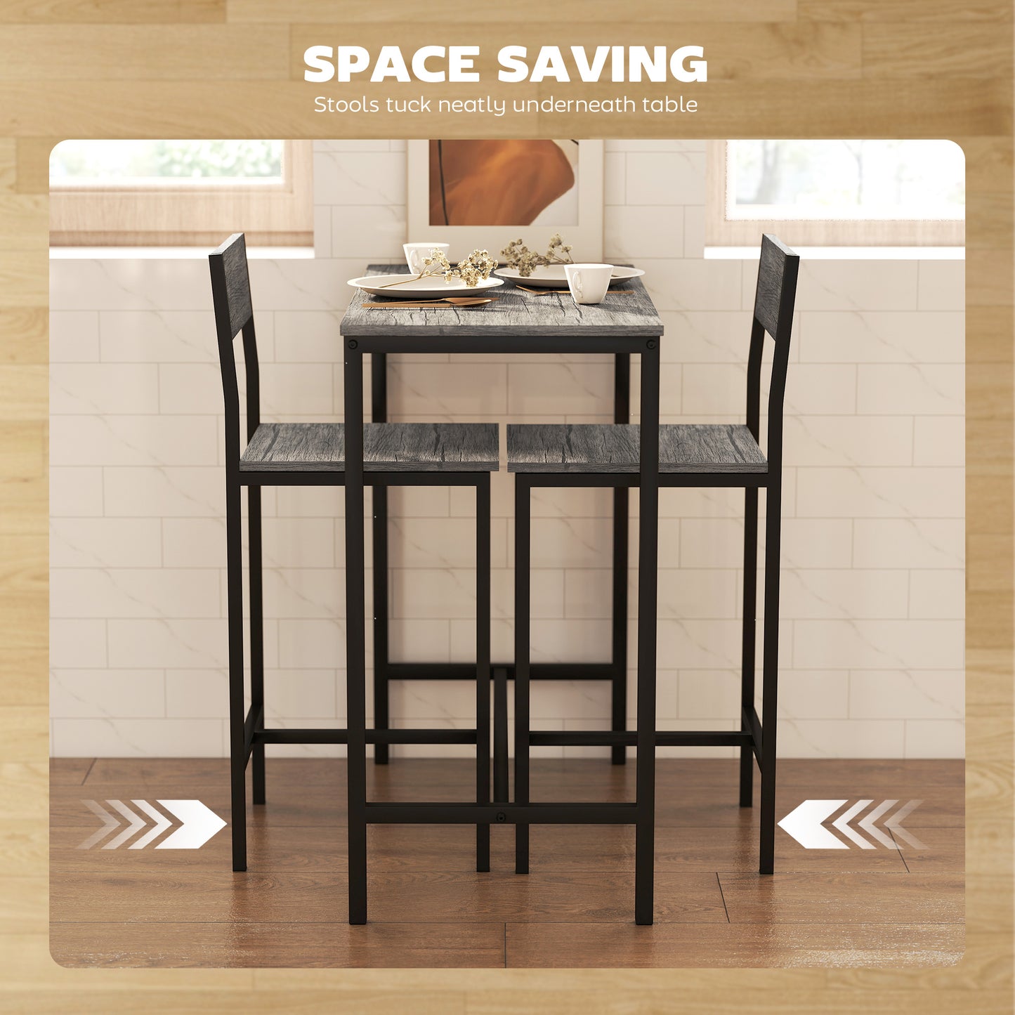 3-Piece Bar Table Set with 2 Stools, Industrial Breakfast Bar Set with Footrest, Backrest for Dining Room, Small Space