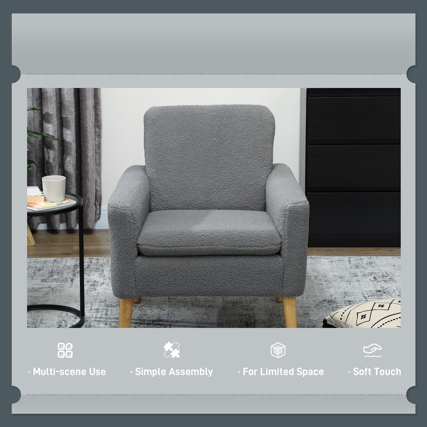 Armchair, Upholstered Accent Chair with Wood Legs and Wide Padded Seat, Teddy Occasional Chair, Grey